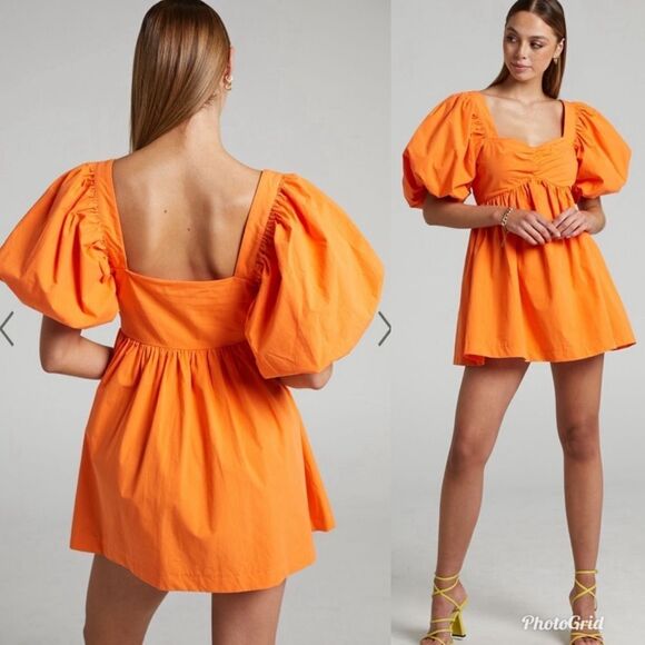 Revolve Showpo. Vashti Tangerine Orange Puff Sleeve Empire Sweetheart Mini Dress - Picture 3 of 8
